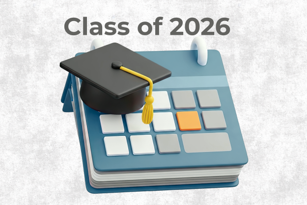 Text is displayed that reads: Class of 2026. Underneath is a cartoonish image of a teal calendar page with a small graduation cap at its top left.