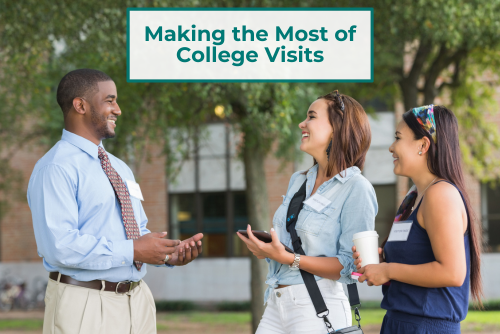 Making the Most of College Visits A man in dress shirt and tie smiles while addressing a woman and daughter on a college tour.