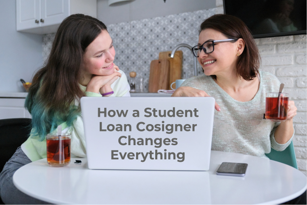 A young woman sits in front of a laptop next to her moth, while they discuss cosigner options for a private student loan