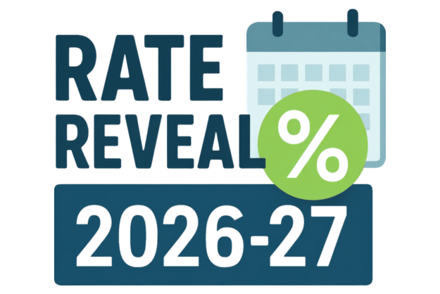 Text reads Rate Reveal 2026-27 overlaid with a calendar and percent size