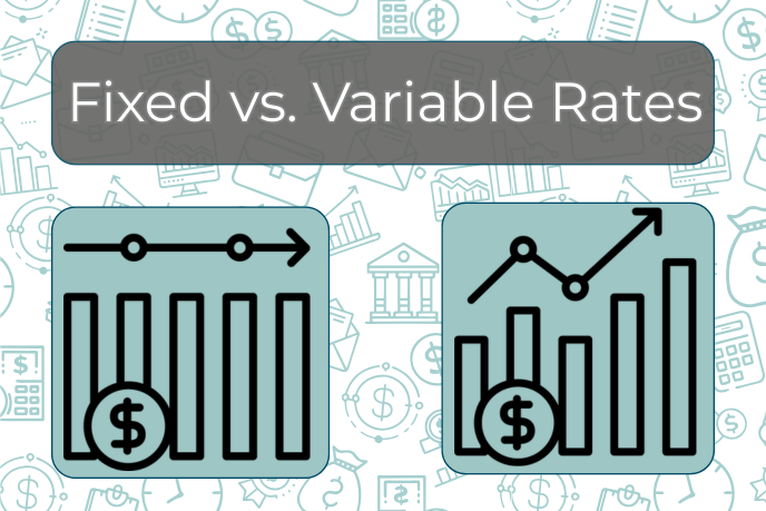 Fixed vs variable rate student loans comparison guide Text at the top of the image reads: Fixed vs Variable Rates with two bar charts beneath it.