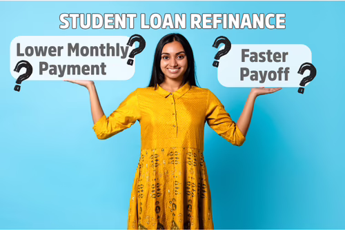 Graphic of a woman weighing the potential benefits of student loan refinancing, with question marks beside the phrases “Lower Monthly Payment” and “Faster Payoff.”