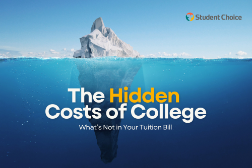 The tip of an iceberg shows above blue water, with the words "the hidden costs of college what's not in your tuition bill" overlaid.